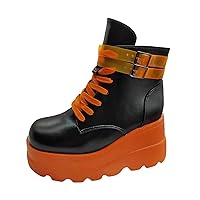 Rain Boots for Women Mid Calf Ladies Fashion Colorblock Leather Belt Buckle Cross Western Booties for Women