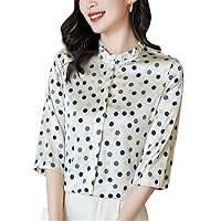 Vintage Shirts Blouses for Women Summer Women's Dot Printed Shirt Loose Tops Woman Real Silk Satin Blouse