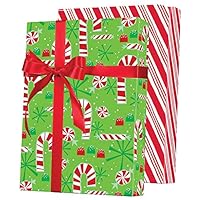 Cake Supply Shop Green With White Peppermint Snowflakes Double Sided Holiday Christmas Deluxe Folded Gift Wrap Wrapping Paper with Gift Tags