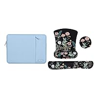 MOSISO Wild Flowers Wrist Rest Support for Mouse Pad&Keyboard Set,&Laptop Sleeve Bag Compatible with MacBook Air/Pro, 13-13.3 inch Notebook, Polyester Vertical Case with Pocket, Air Blue&Black