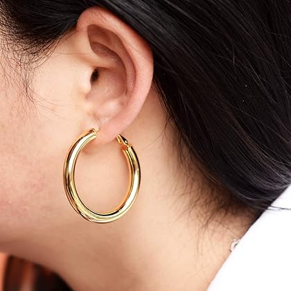 Chunky Gold Hoop Earrings 14K Gold Plated 925 Sterling Silver Post Thick Tube Hoops for Women And Girls