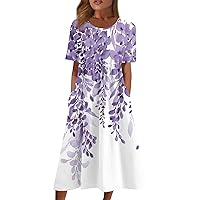 Summer Dresses for Women 2024 Trendy Crewneck/V Neck Maxi Dress Short Sleeve Dressy Casual Sundress with Pocket Sales Today Clearance(3-Purple,XX-Large)