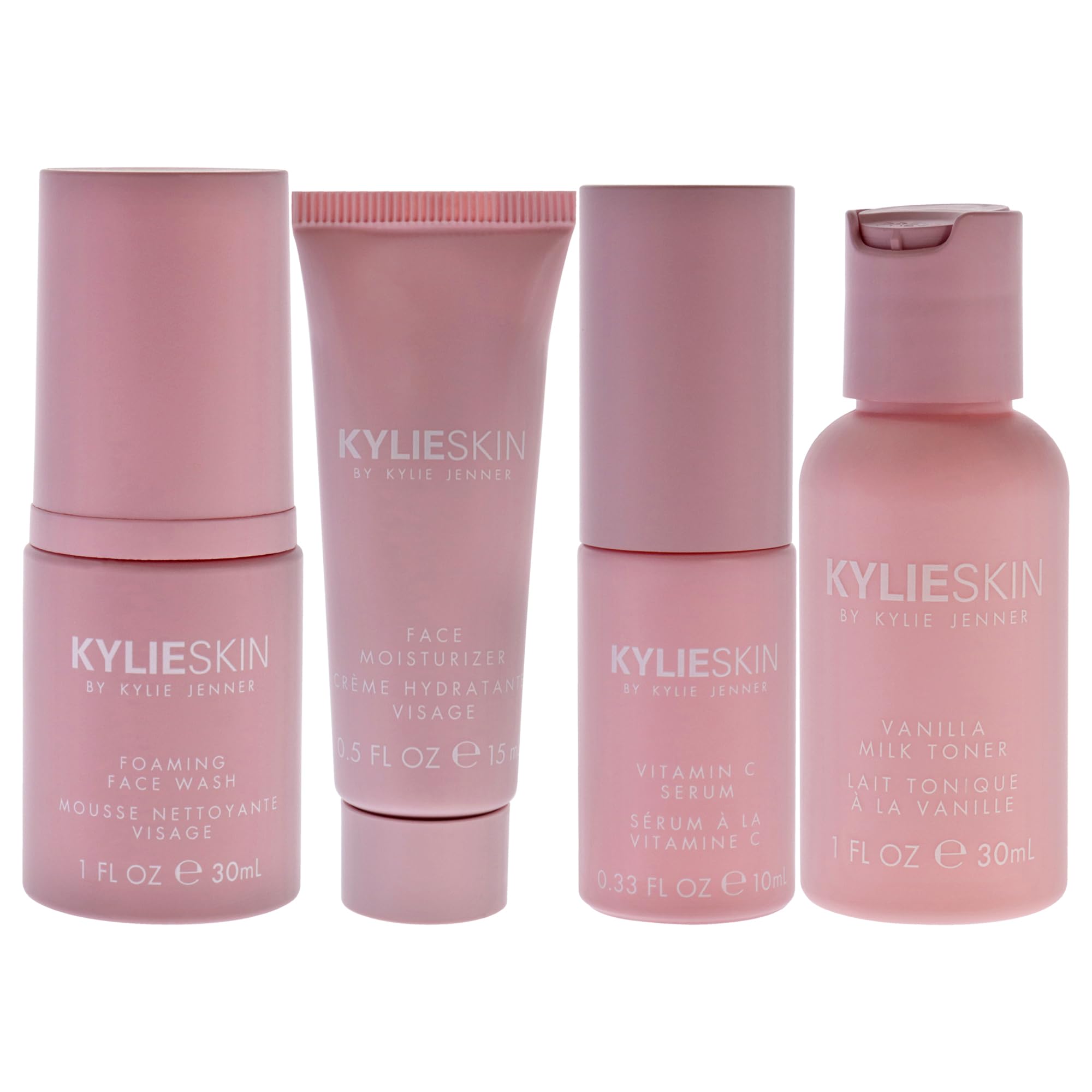 Skin Discovery Set by Kylie Cosmetics for Women - 4 Pc 1 oz Foaming Face Wash, 0.5 oz Face Moisturizer, 0.3 oz Vitamin C Serum, 1 oz Vanilla Milk Toner