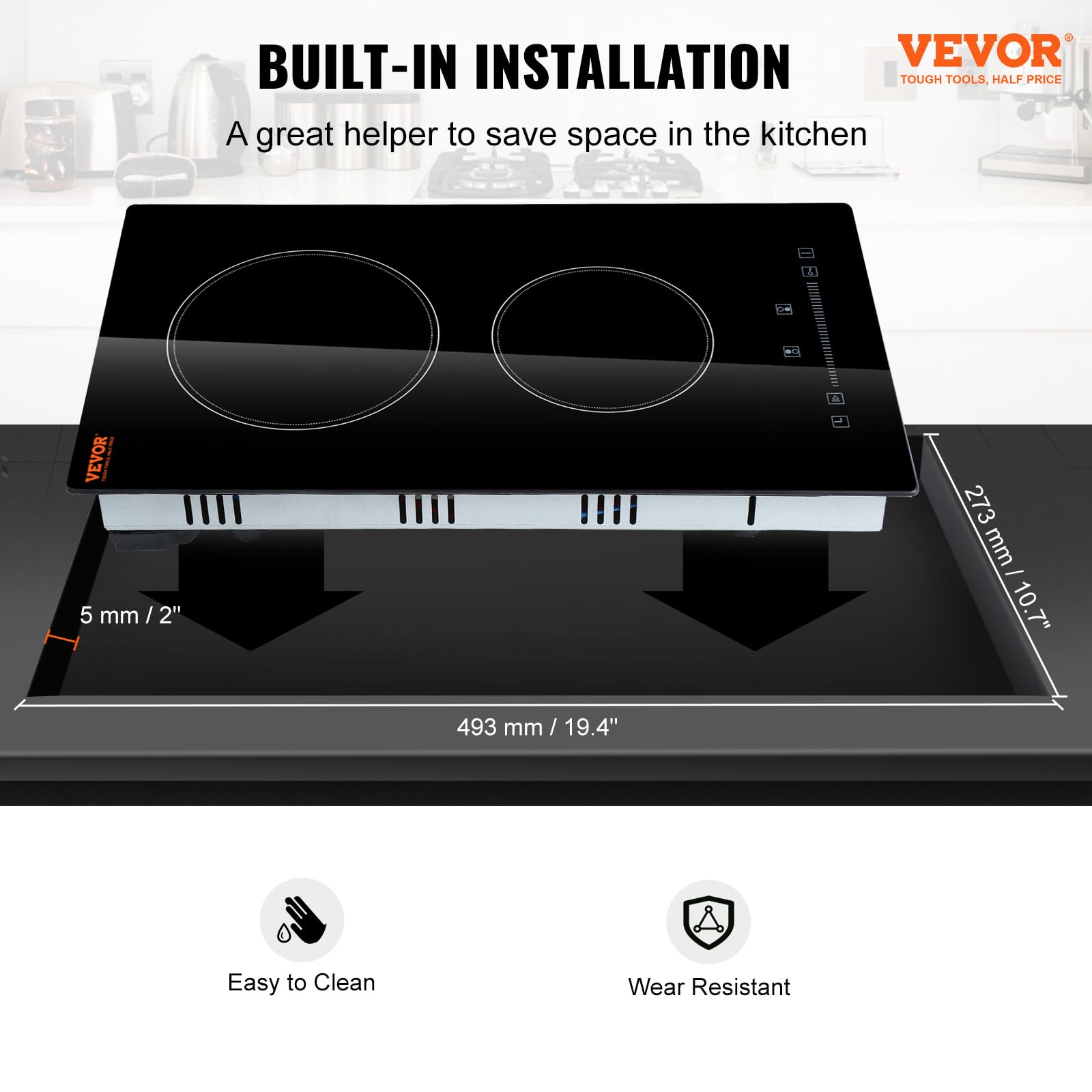 VEVOR Built in Electric Stove Top, 12 inch 2 Burners, Glass Radiant Cooktop with Sensor Touch Control, Timer & Child Lock Included, 9 Power Levels for Simmer Steam Slow Cook Fry,110V with US Plug