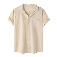Cotton Linen Basic Shirts for Mens, Casual Button Down T Shirt Lapel V Neck Short Sleeve Tops Lightweight Hawaiian Shirt