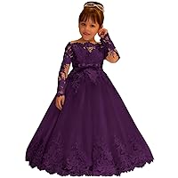 Lace Tulle Flower Girl Dress for Wedding Long Sleeve Princess Dresses Plum Pageant Party Gown with Bow Size 5