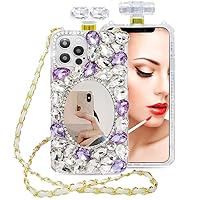 Makeup Mirror Phone Case for iPhone 15 14 13 12 11 Pro Max Plus Bling Rhinestone Silicone Shell with Long Crossbody Leather Lanyard for Girls (Mirror, for iPhone 15 Pro Max)