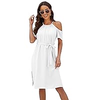 PEHMEA Womens Summer Halter Neck Dress Party Wedding Cold Shoulder Casual Split Sundresses with Belt(White-L)