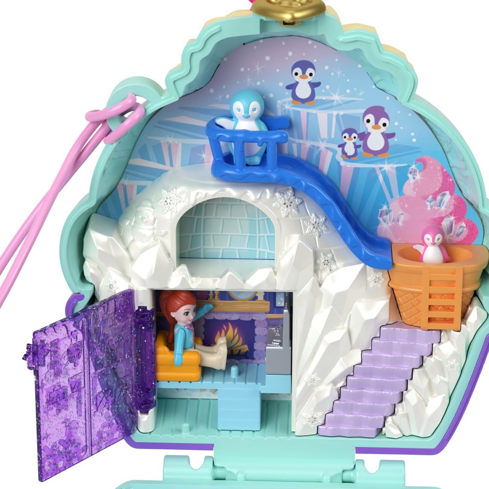 Polly Pocket Dolls and Playset, Travel Toy with Fidget Exterior, Snow Sweet Penguin Compact with 12 Accessories