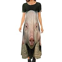 Cute Pig Women's Summer Casual Short Sleeve Maxi Dress Crew Neck Printed Long Dresses