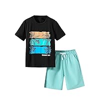 COZYEASE Boys' 2 Piece Outfits Bear Print Tee and Plaid Shorts Graphic Top and Cute Shorts Sets