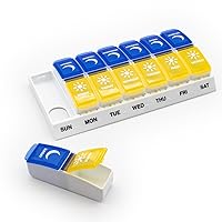 Weekly (7-Day) AM/PM Pill Organizer, Vitamin and Medicine Box, Large Pop-Out Compartments, Designed for Travel, 2 Times a Day, Blue and Yellow Lids