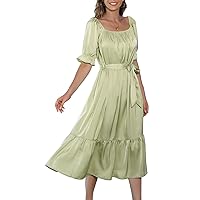 I2CRAZY Women Square Neck Short Puff Sleeve Belted Ruffle Satin Dress V Neck Long Pleated Trumpet Sleeve Swiss Dot Wrap Dress-XL,Green