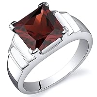 PEORA Garnet Statement Solitaire Ring for Women 925 Sterling Silver, Natural Gemstone Birthstone, 3 Carats Princess Cut 8mm, Comfort Fit, Sizes 5 to 9