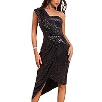 GRACE KARIN Womens Sequin Dress Sparkly Glitter One Shoulder Party Club Dress Wrap Hem Ruched Cocktail Dresses
