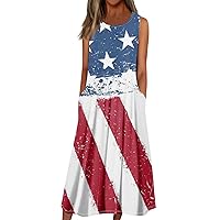 Women's 4Th of July Dress Casual Fashion Sleeveless Pullover Dresses Printed with Pockets Summer Dresses, S-3XL