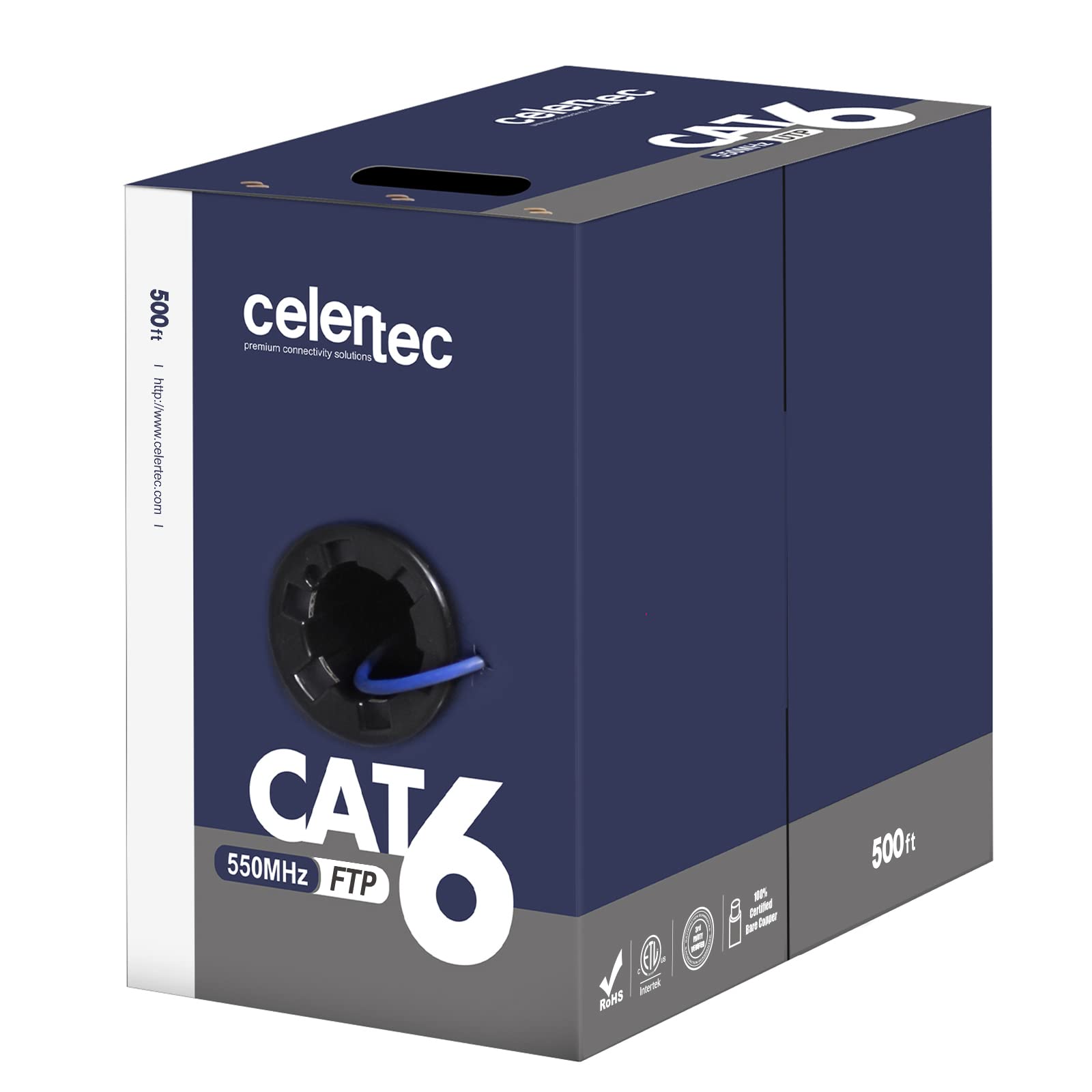 celertec CAT6 Shielded Ethernet Cable, 500ft, FTP (Overall Foil Shield), 23AWG Solid Bare Copper, 550MHz, ETL Listed &CMR Riser Rated, Indoor, Bulk Ethernet Cable, Blue
