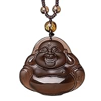 Natural black obsidian rainbow obisidan ice obsidian Maitreya launghing buddha necklace Amulet pendant bead chain