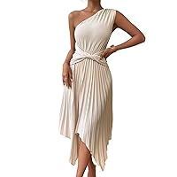 Women Summer Dresses 2023 One Shoulder Twist Front Pleated Asymmetrical Hem Dress