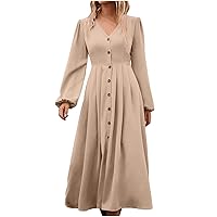 Women's Button Down High Waist A-Line Dress Premium Swing Midi Dresss Lantern Long Sleeve Casual Loose Shirt Dresses