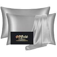 Silk Pillow Cases 2 Pack, Mulberry Silk Pillowcases Standard Set of 2, Health, Smooth, Anti Acne, Beauty Sleep, Both Sides Natural Silk Satin Pillow Cases for Women 2 Pack with Zipper for Gift, Grey