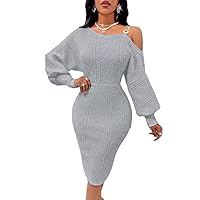 Women's Sexy One Shoulder Metal Buckle Work Dress Fashion Lantern Long Sleeve High Waist Bodycon Midi Pencil Dress