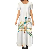 Womens Short-Sleeve Round Neck Maxi Dress Colorful Music Notes