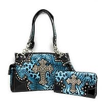 western rhinestone cross leopard concealed carry handbag with matching wallets in 3 colors