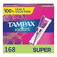 Tampax Radiant Tampons, Super Absorbency, With Leakguard Braid, Unscented, 28 Count x 6 Packs (168 Count total)