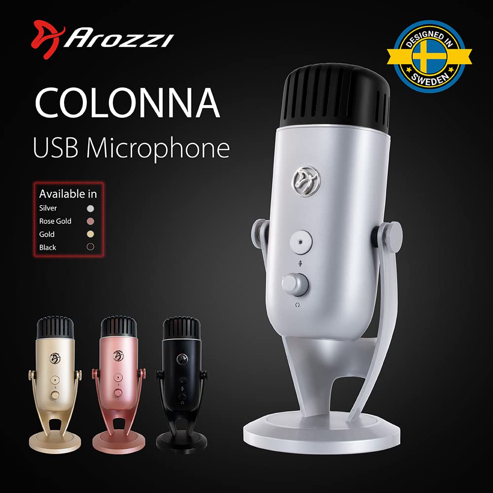Arozzi Colonna Professional USB Condenser Microphone for PC, Mac, Gaming, Recording, Streaming, Podcasting on PC, Desktop Mic with Multi Pick-up Patterns - Silver