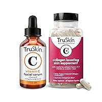 TruSkin Vitamin C Serum & Skin Supplement Duo – Topical Vitamin C Face Serum 1oz Plus Collagen Boosting Skin Supplement (60 capsules) – Brighten & Even Tone, Support Collagen for Smoother-Looking Skin
