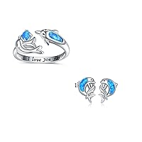 -26.91%925-Sterling-Silver Blue Opal Dolphins Ring and 18K Two Tone Gold Dolphin Stud Earrings Sets