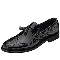Men's Black Patent Leather King Size Handmade Wingtip Tassel Loafer Shoes