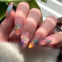 24pcs Flower Press on Nails Medium Almond Shaped Fake Nails with Colorful Flower Designs False Nails Matte Glue on Nails Full Cover Acrylic Nails Spring Summer Nail Art Decorations for Women Girls
