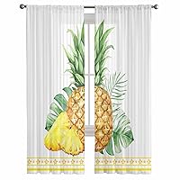 Sheer Curtains 84 inch Length for Living Room, Fruit Watercolor Yellow Pineapple Tropical Palm Leaves Gray Stripes Window Treatments Curtains Rod Pocket Light Filter Sheer Drapes Curtains 2 Panels