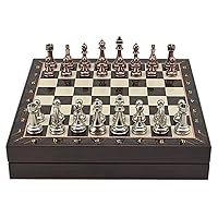 Antique Copper Classic Metal Chess Set for Adults,Handmade Pieces and Different Design Wooden Chess Board with Storage (Walnut)