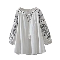 Flygo Women's Ethnic Cotton Shirts Cropped Lantern Sleeve Babydoll Top Blouses with Embroidered (White, One Size)
