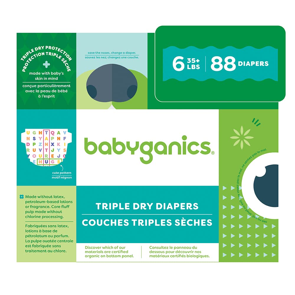 Babyganics Size 6, 88 count, Absorbent, Breathable, Triple Dry Protection Diapers