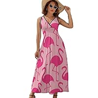 Pink Flamingo Maxi Dress for Women Sleeveless High Waist V Neck Beach Sundresses