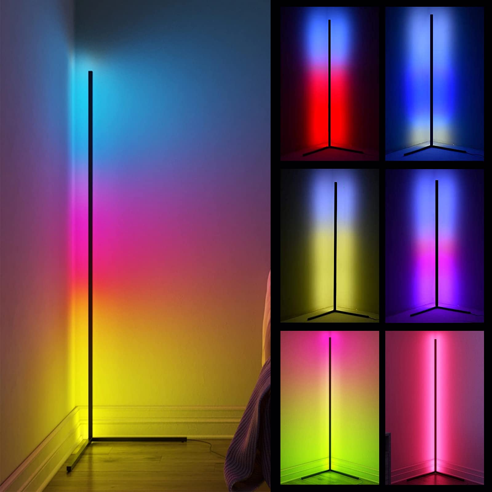 Bronkige Corner Floor Lamp, Color Changing Dimmable RGB Led Floor Lamp, Smart Remote Controller Modern Aluminum 55”Tall Corner Light for Halloween,...