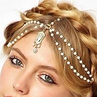 Grehge arl Head Chain Bridal Gold Tassel Headpieces Prom Festival Forehead Chain Wedding Hair Accessories Party Belly Dance Head Jewelry for Women and Girls