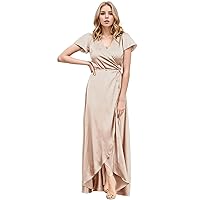 MllesReve Women Wrap Bridesmaid Dresses Satin V Neck Wedding Guest Dress Short Sleeve Slit Formal Maxi Dresses