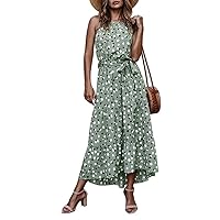 Women’s Casual Halter Neck Sleeveless Floral Long Maxi Dress Loose Sundress with Belt