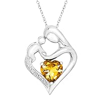 Natural Citrine Mother and Child Heart Pendant w Diamond in Silver (.003 ct, I-J Color, I3 Clarity), 18