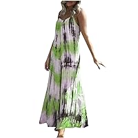 Summer Women's Fahion Gradient Tie Dye Cami Dress Sleeveless V Neck Casual Loose Plus Size Maxi Dresses for Vacation