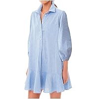 Women Button Down Dress Loose Summer Cotton Linen Dress Ruffle Hem Casual 3/4 Puff Sleeve Tunic Sundress