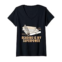 Womens Reading Is My Super Power Bookworm Sayings Book Lover Quotes V-Neck T-Shirt