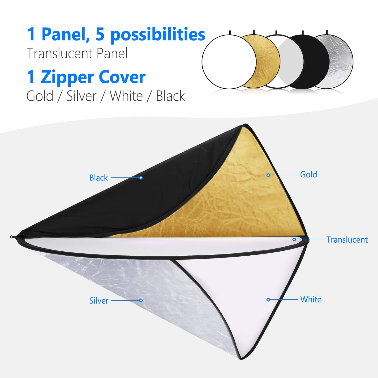 NEEWER 43 Inch/110 Centimeter Light Reflector Light Diffuser 5 in 1 Collapsible Multi Disc with Bag - Translucent, Silver, Gold, White, and Black for Studio Photography Lighting and Outdoor Lighting