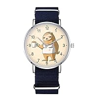 Sleepy Sloth Design Nylon Watch for Men and Women, Coffee Art Theme Unisex Wristwatch, Animals Lover Gift Idea