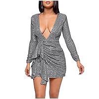 Women Long Sleeve Sequin Short Dress Sparkly Glitter V Neck Dress Ruched Tie Waist Sexy Party Club Cocktail Prom Mini Dresses